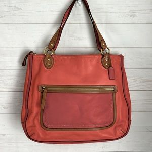 COACH East West 22430 Poppy Colorblock Hattie Sun Orange Leather Tote Flaws
